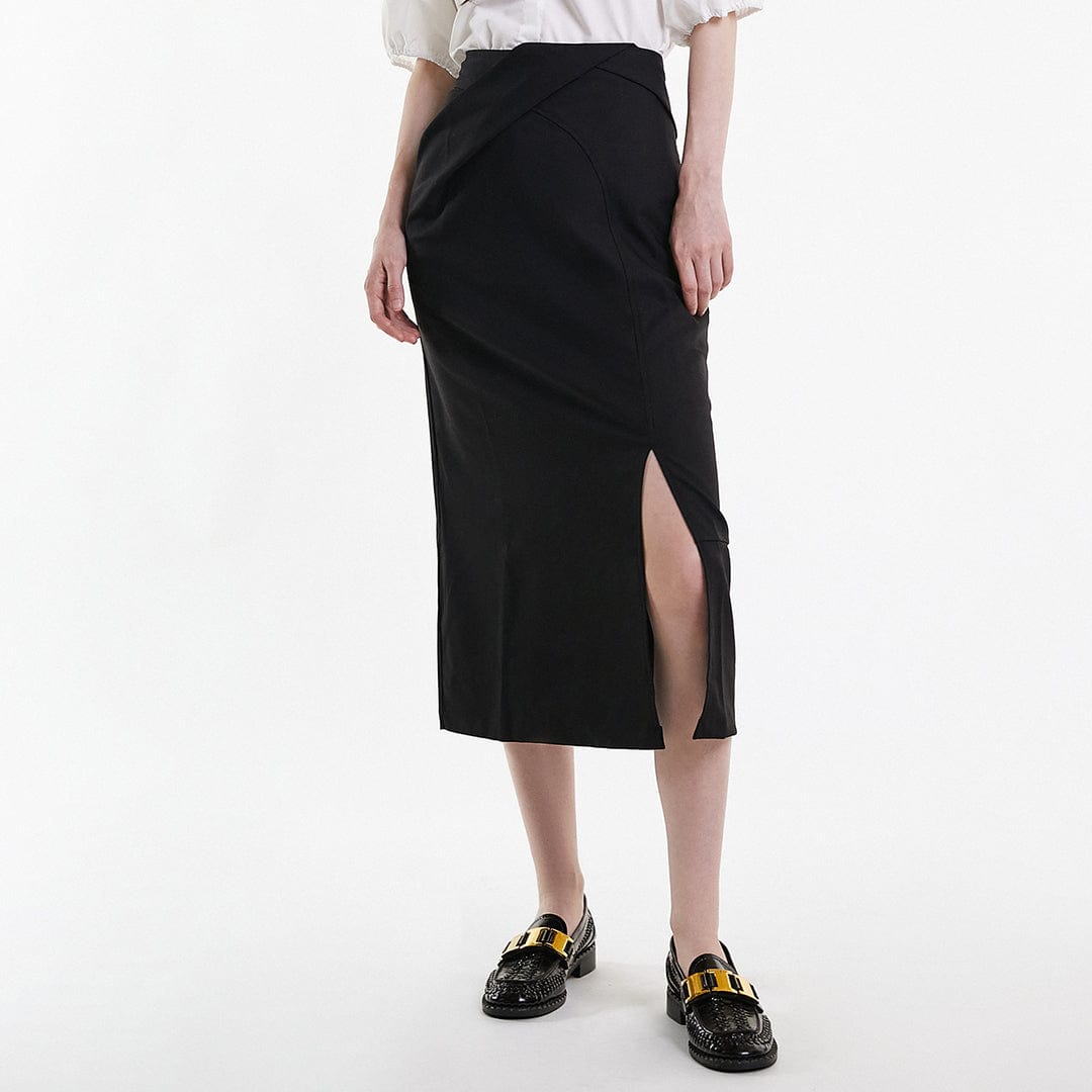 

Black Linen-Blend Overlap Detail Front-Slit Midi Skirt