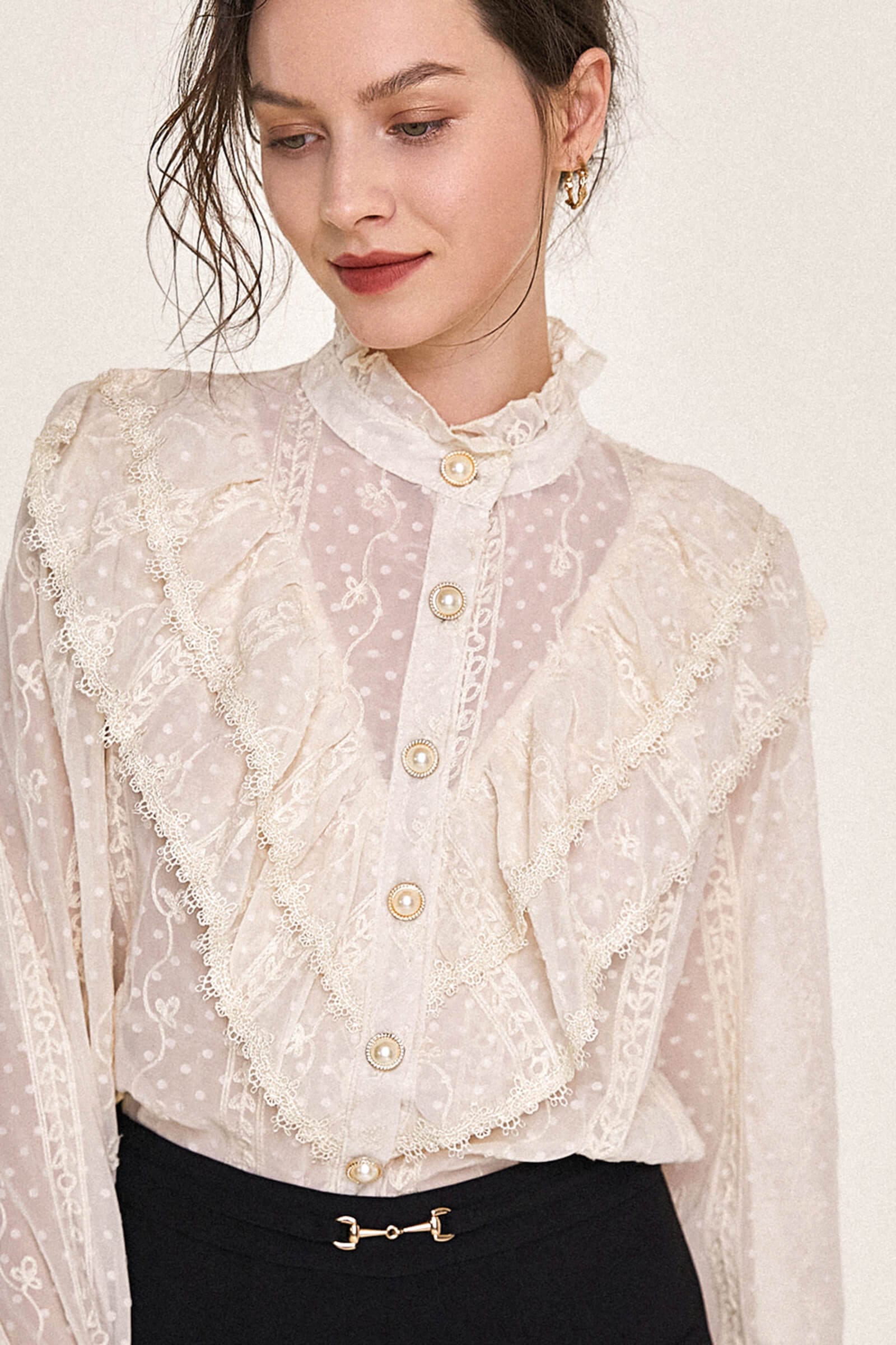 

Beige High Neck Dobby Embroidered Ruffled Blouse