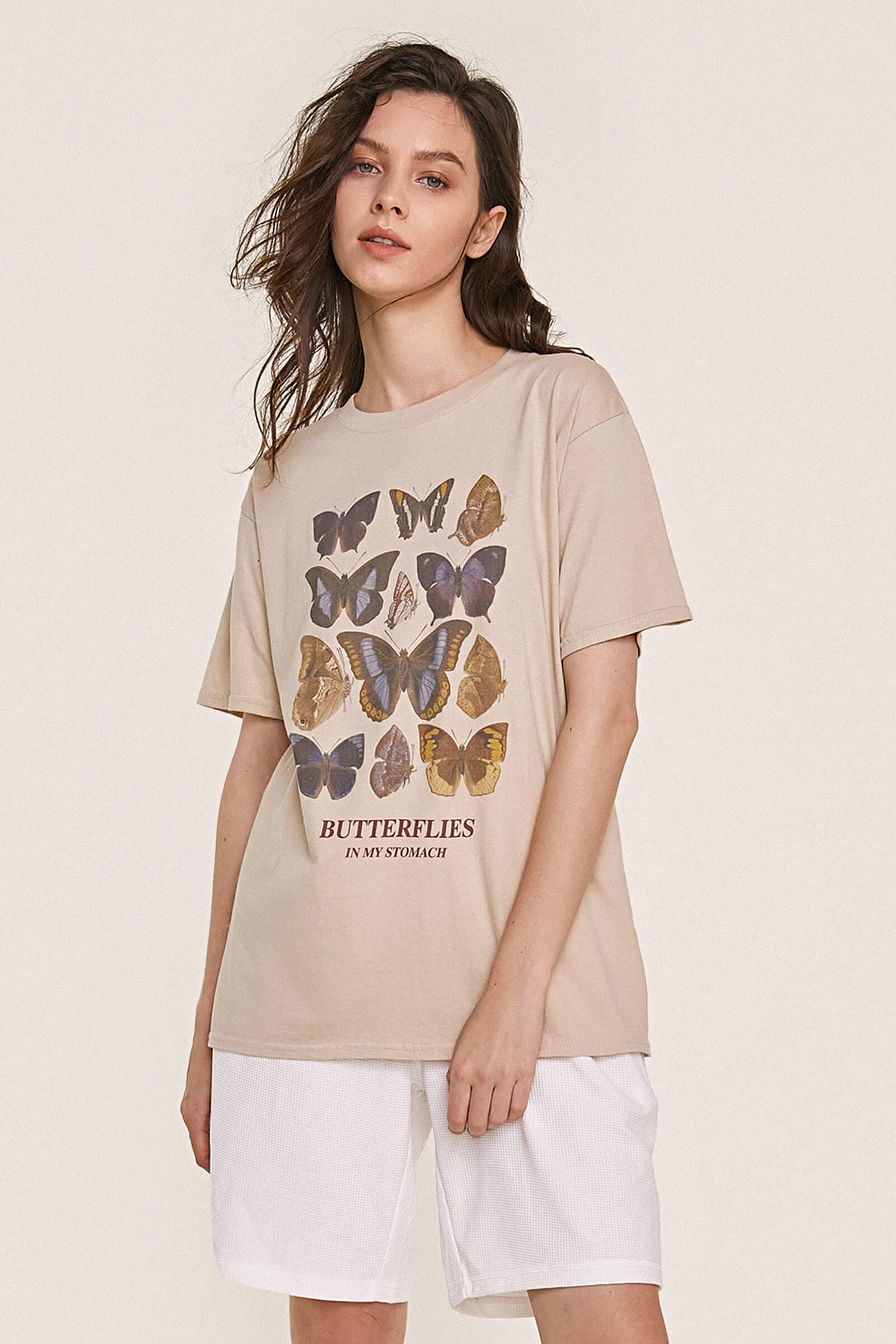 

Beige Butterfly Print Oversized T-Shirt