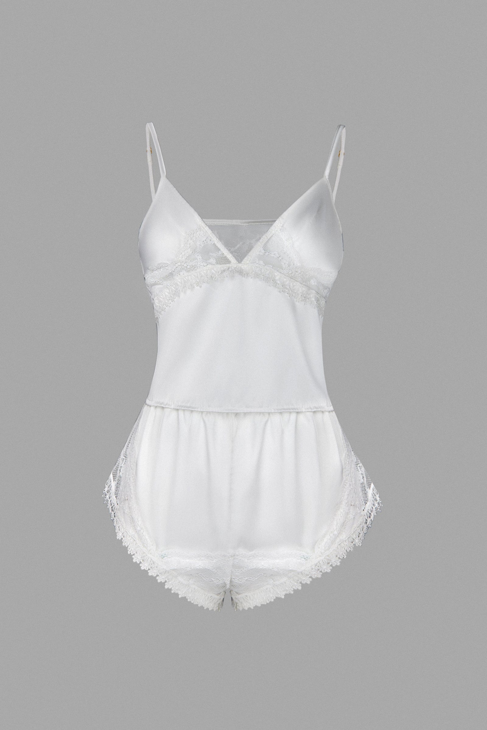 

White Satin Lace Detail Camisole & Shorts Two-Piece Pajama Set