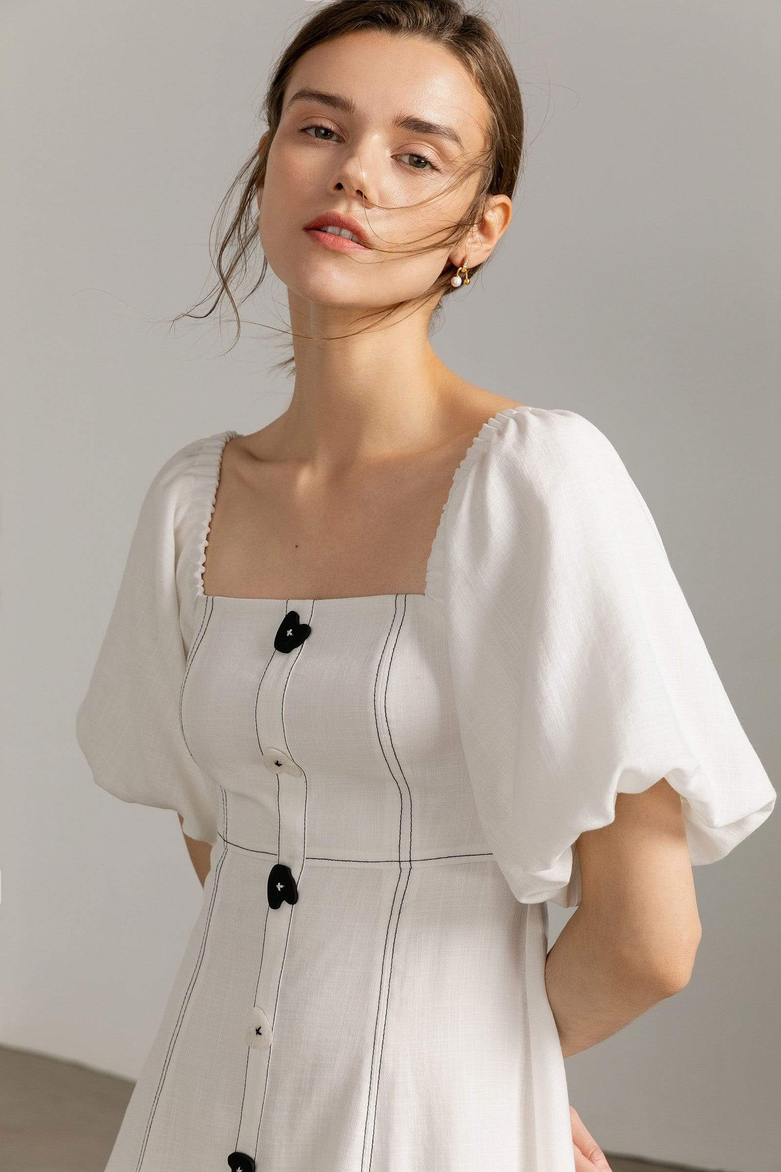 White Kendra white Lantern Sleeve Midi Dress | J.ING Women's Midi Dresses