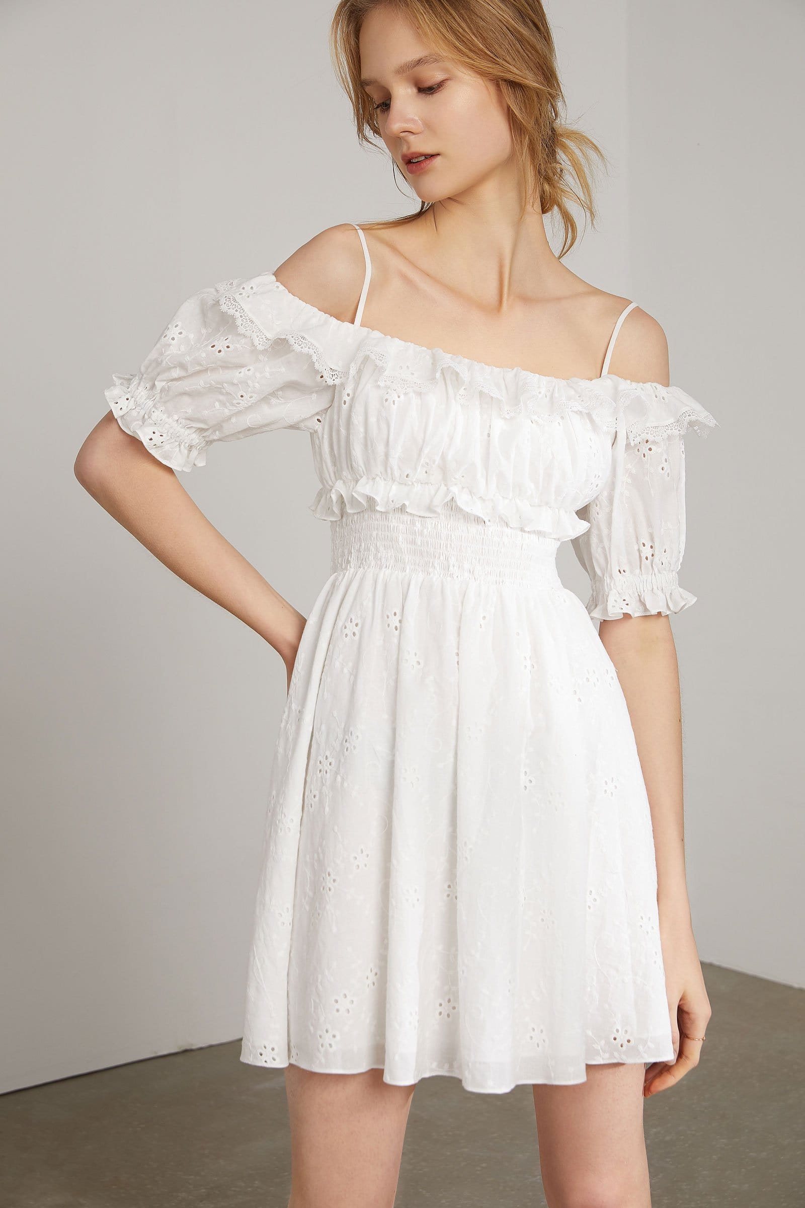 white eyelet mini dress