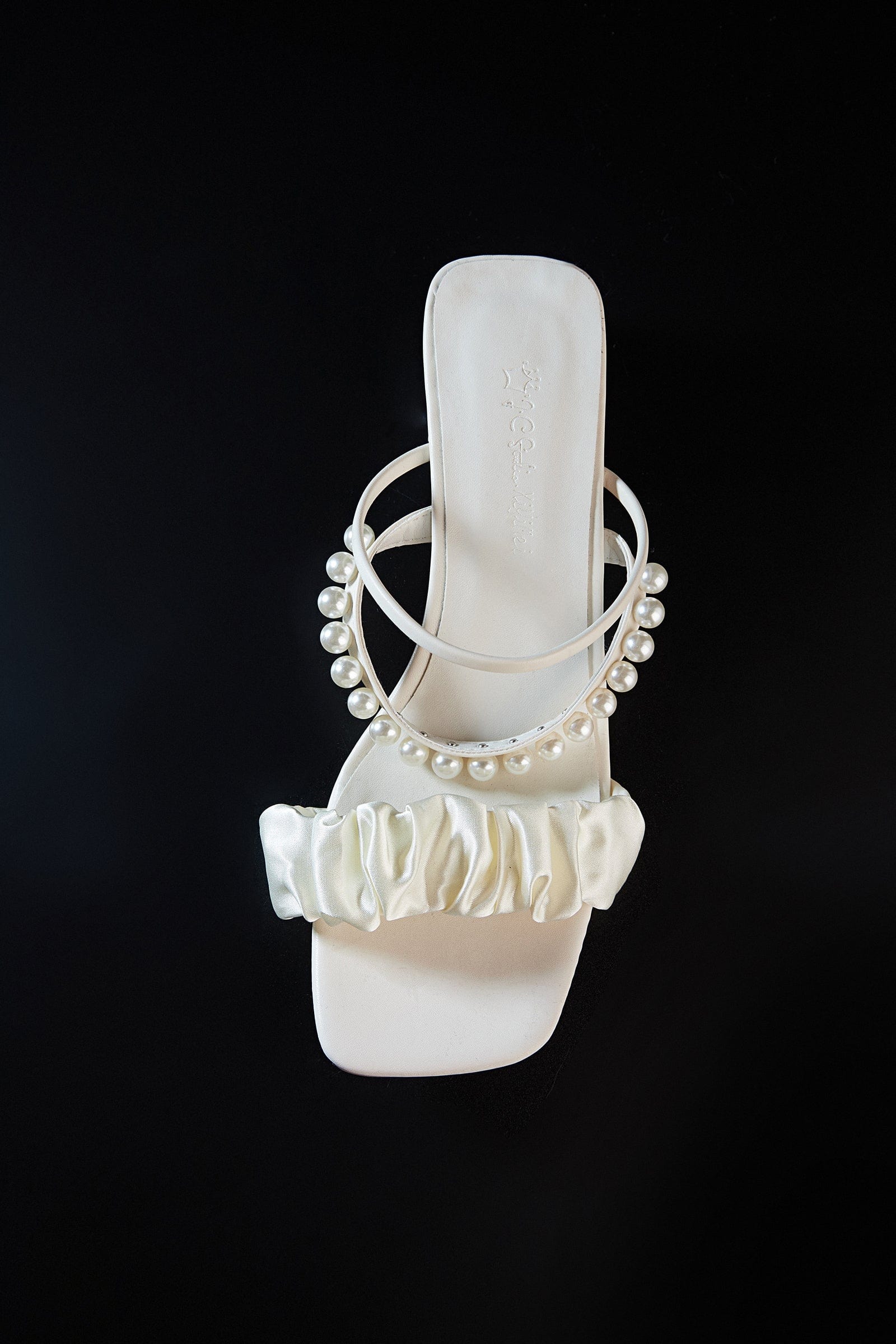 

Ivory Ruched Pearl-Embellished Slide Block-Heel Sandals