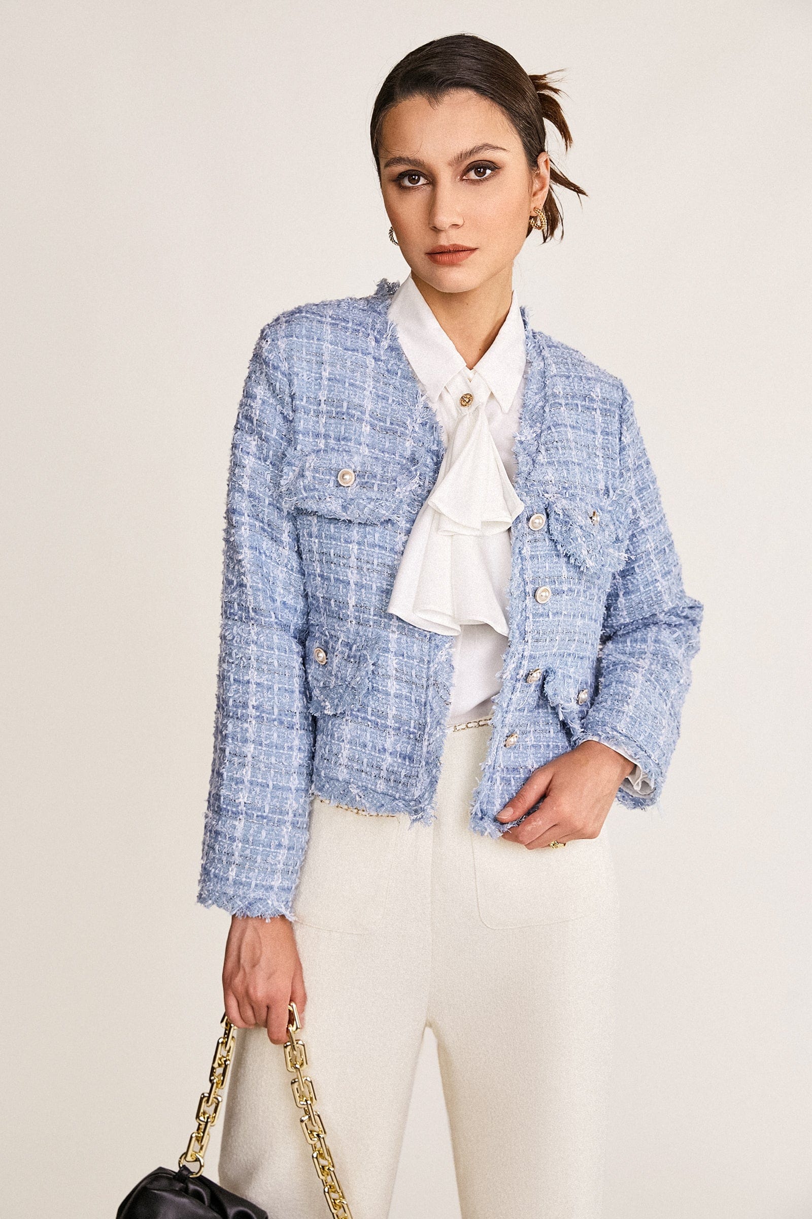 

Light Sky Blue Frayed V-Neck Tweed Jacket