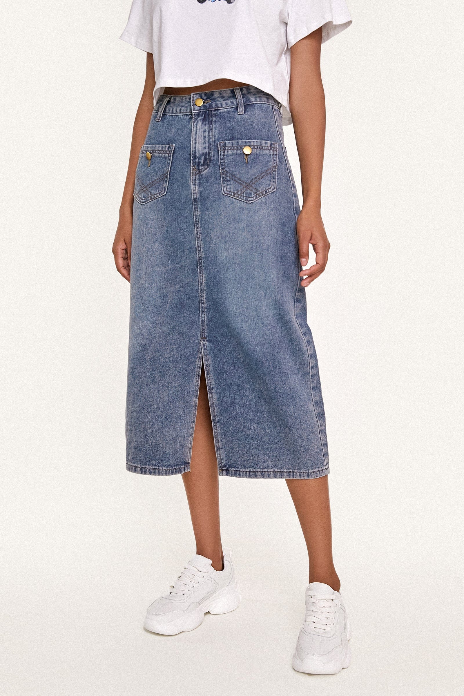 

Blue Front Slit Pocket Detail Denim Midi Skirt