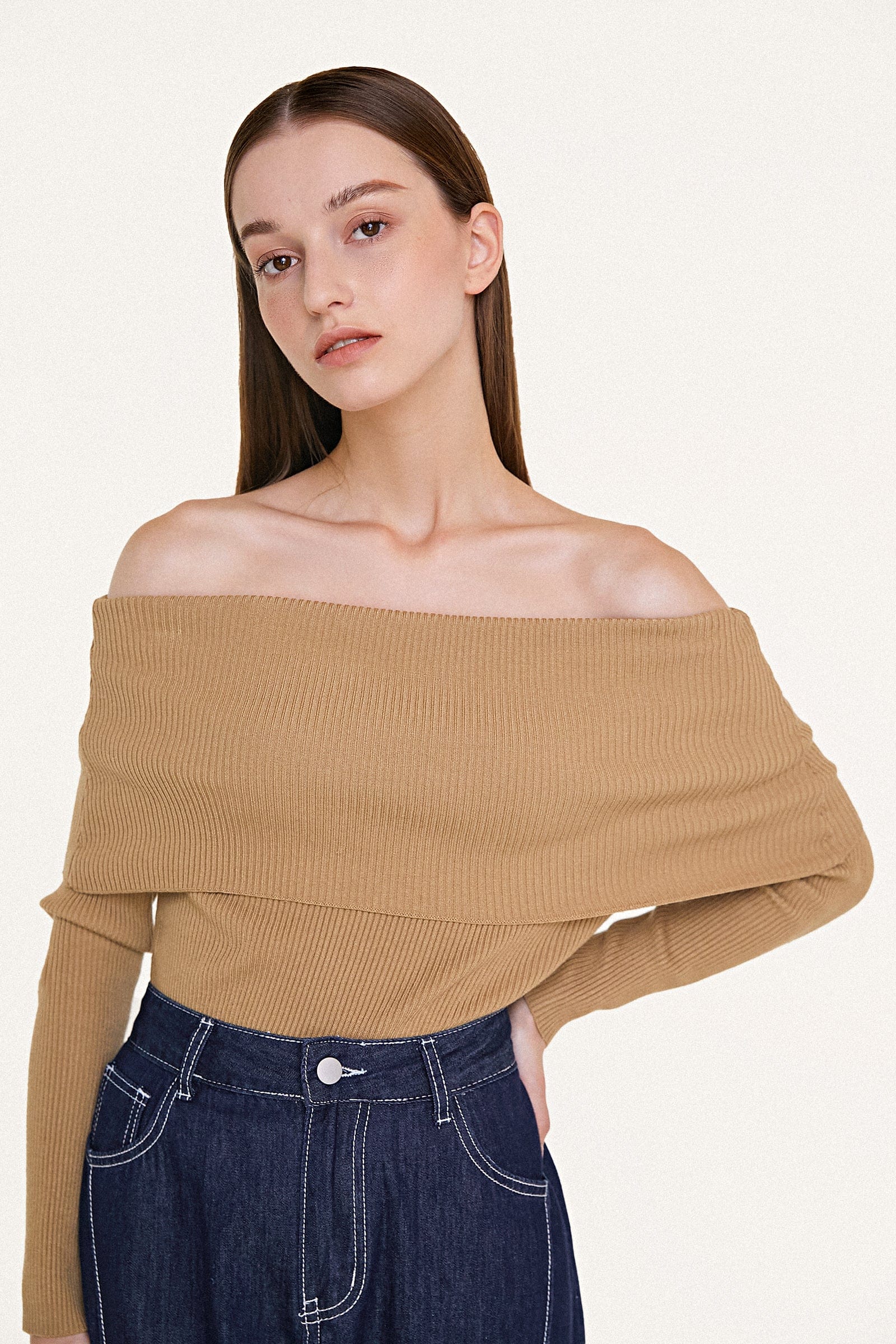 

Tan Off-the-Shoulder Ribbed Knit Sweater