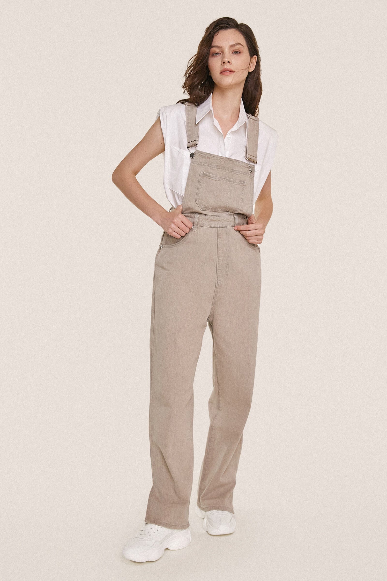 

Light Grey Straight Leg Slit Hem Denim Overalls