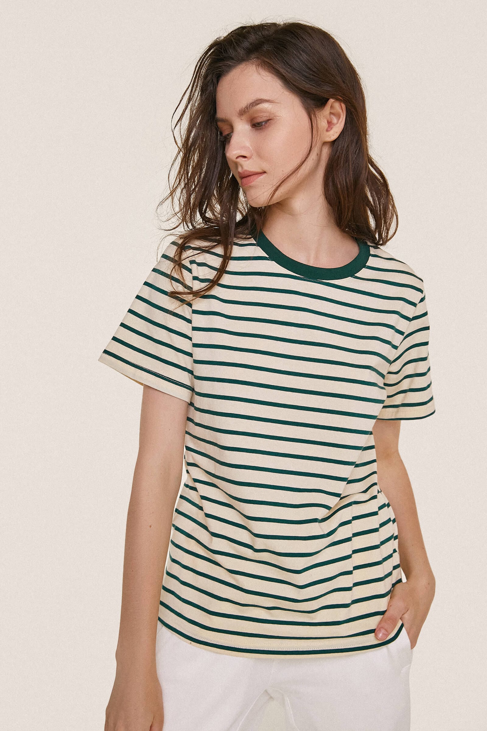 

Dark Green Striped Cotton T-Shirt