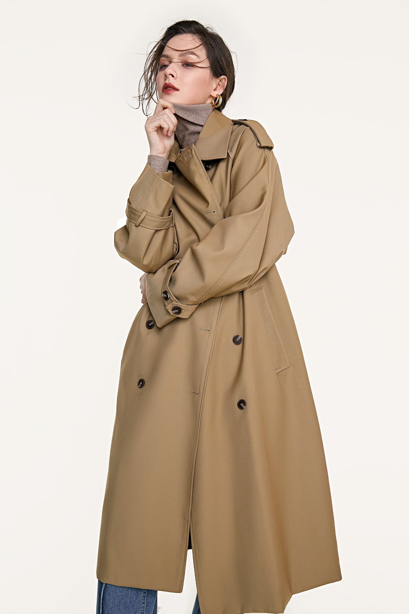 

Tan Double-Breasted Belted Longline Trench Coat