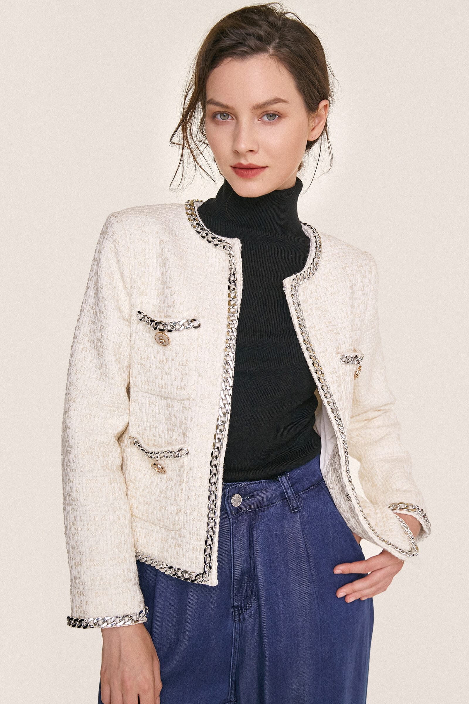 

White Contrast Chain Trim Tweed Jacket