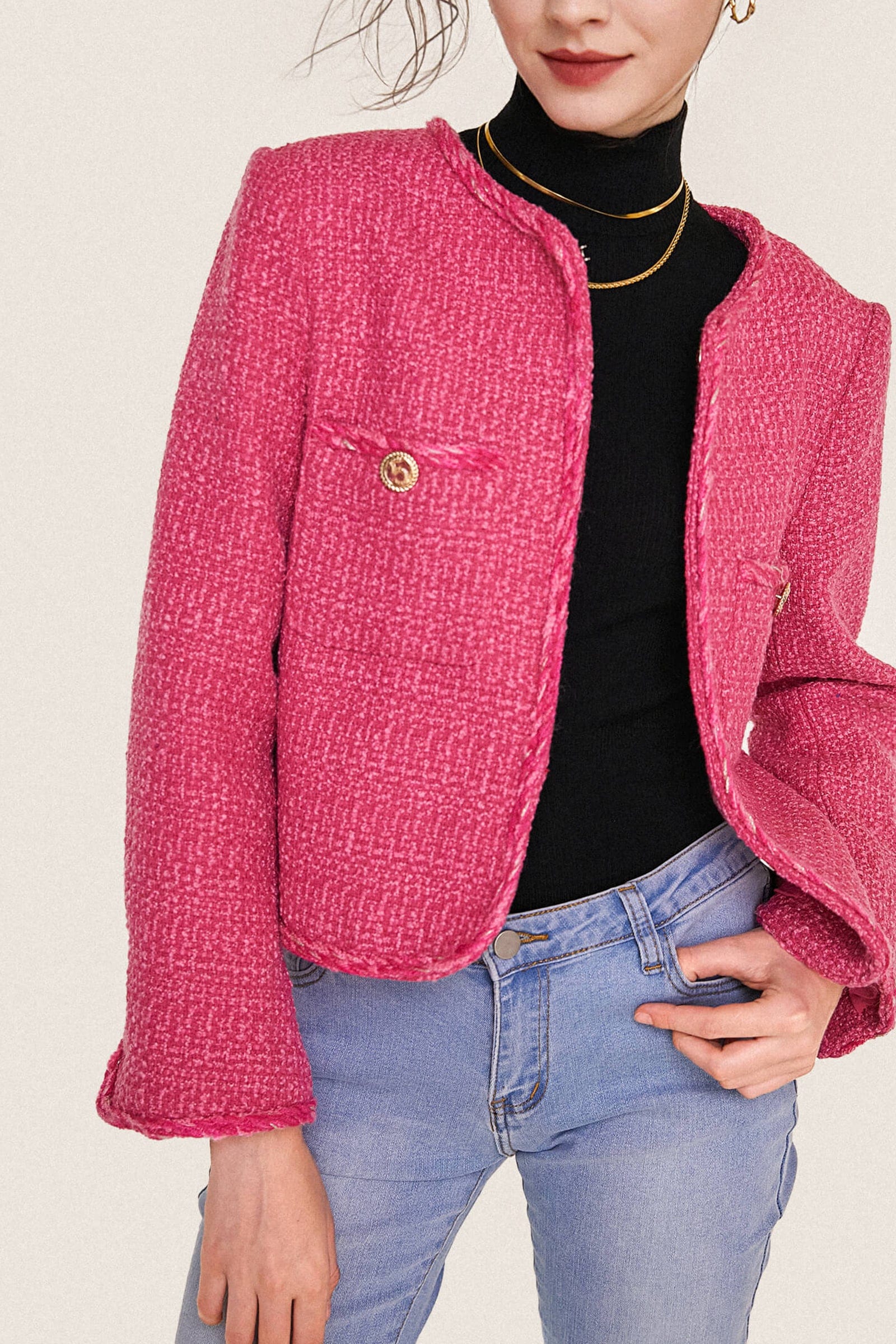 

Hot Pink Braided Trim Pocket Detail Tweed Jacket