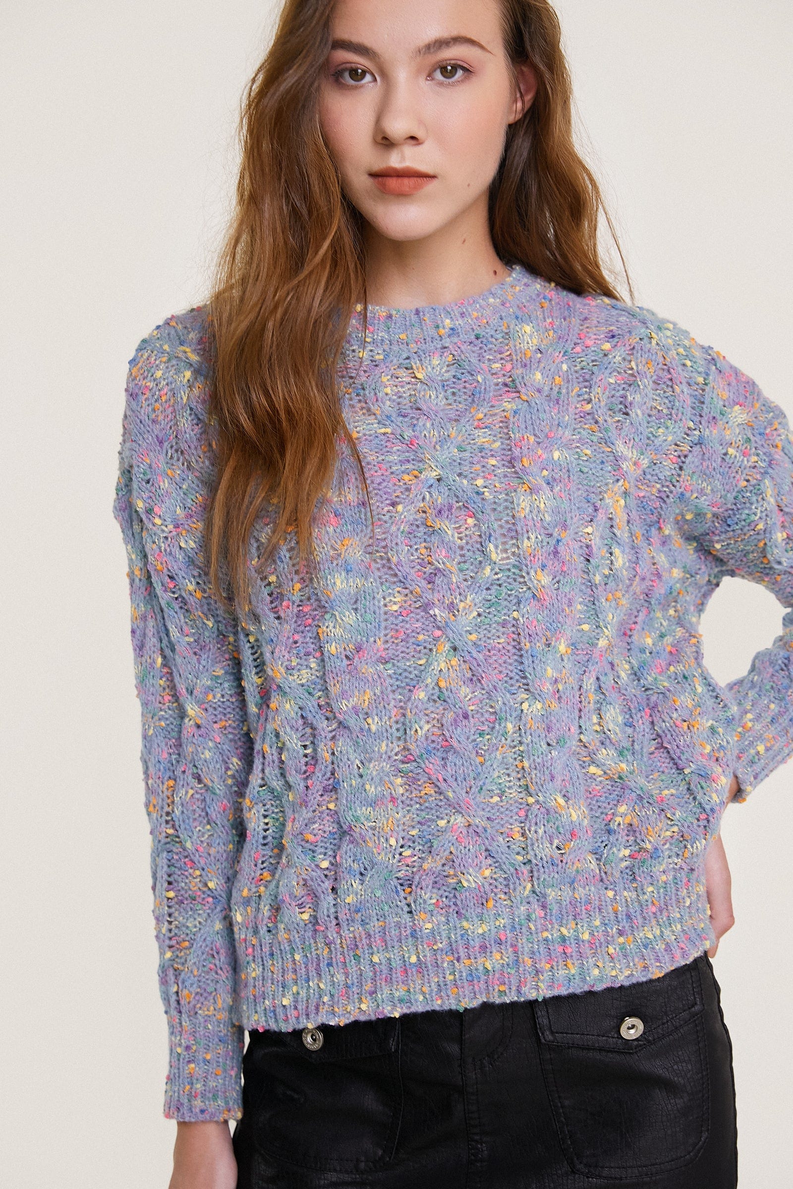 

Cornflower Blue Speckled Cable Knit Pullover Sweater