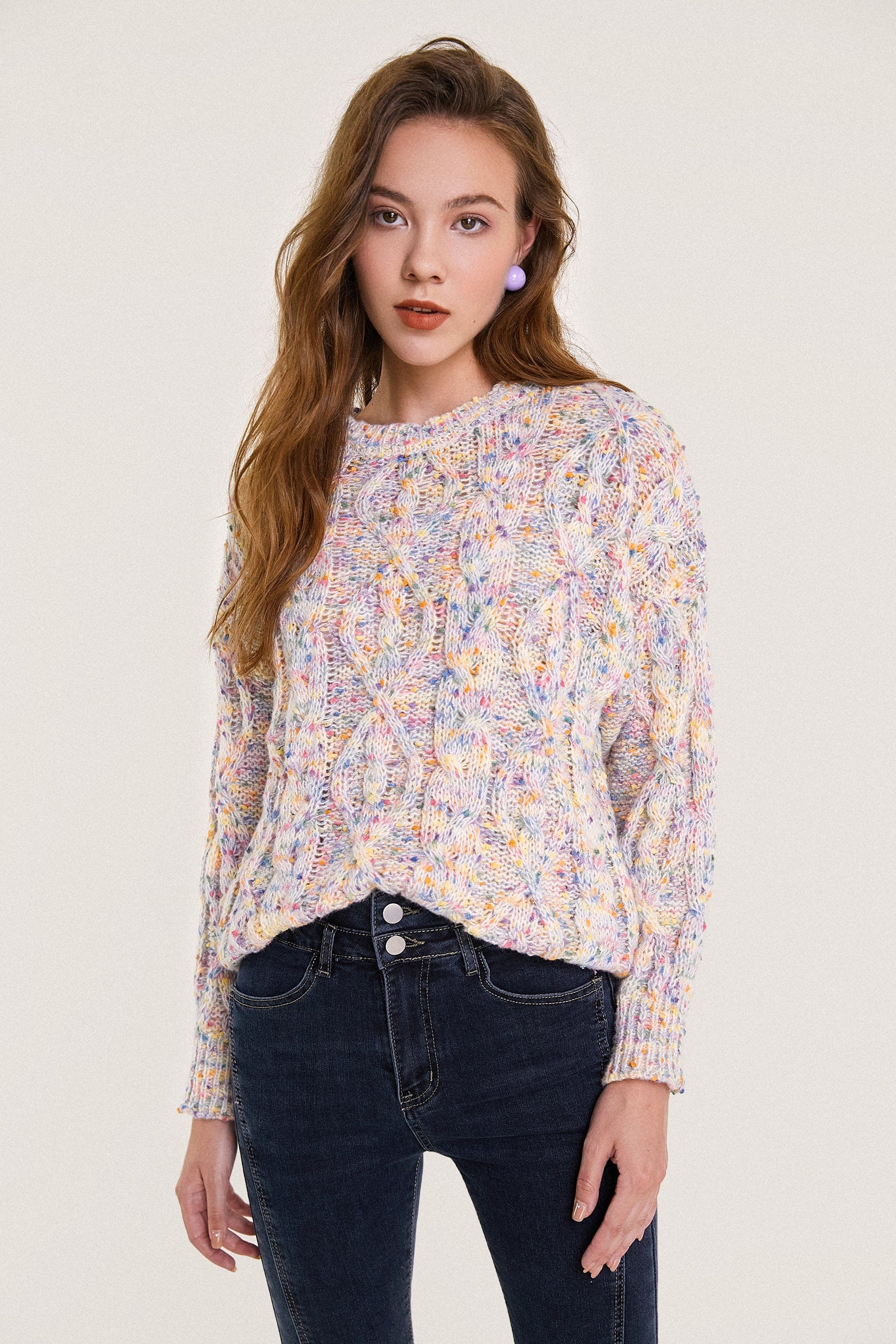 

Multicolor Speckled Cable Knit Pullover Sweater