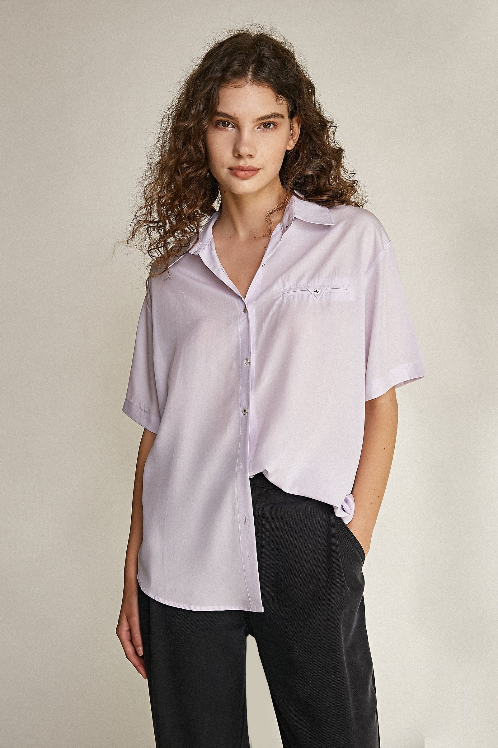 

Lavender Button Front Short Sleeve Shirt