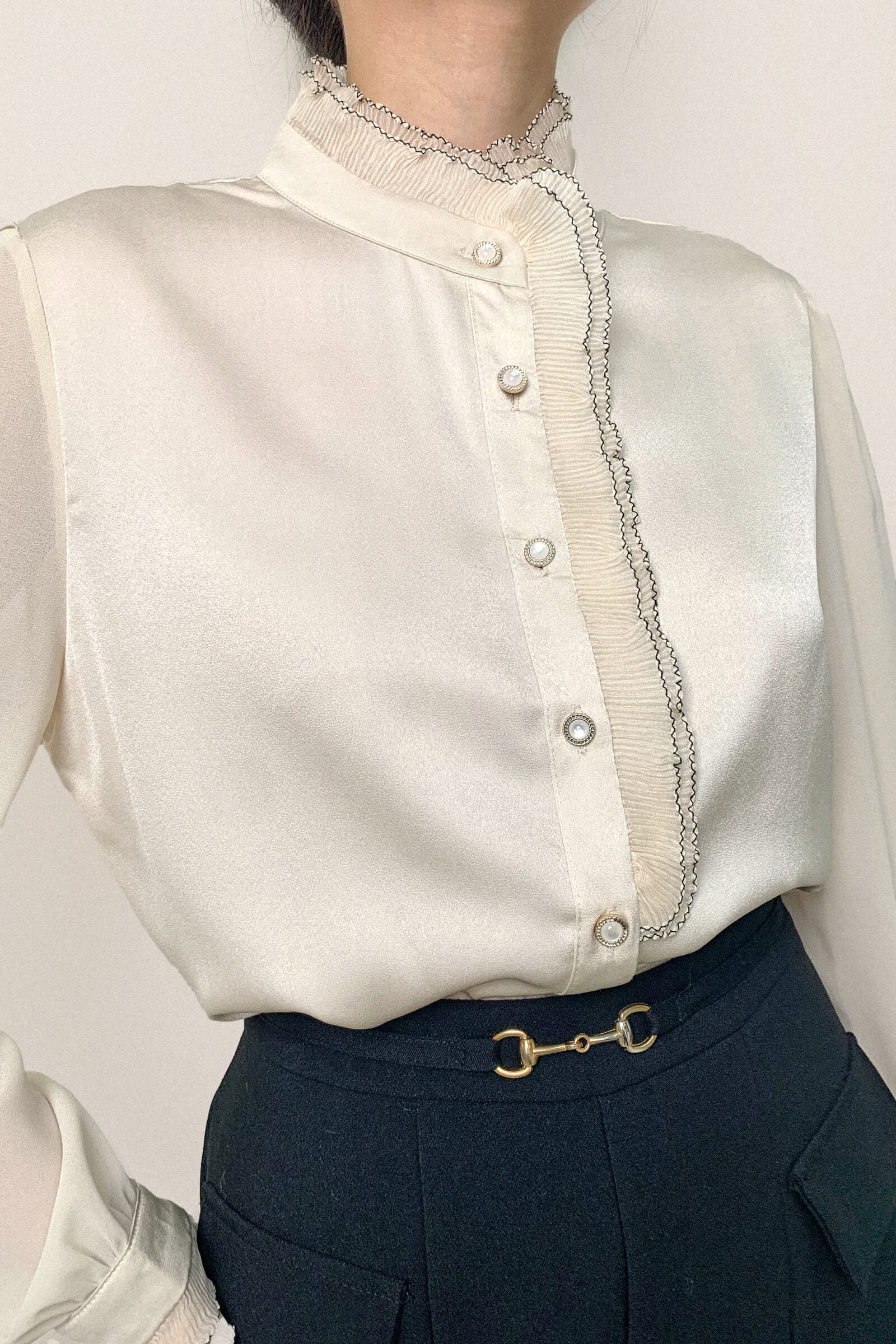 

Ivory High Neck Ruffle Detail Button-Up Work Shirt