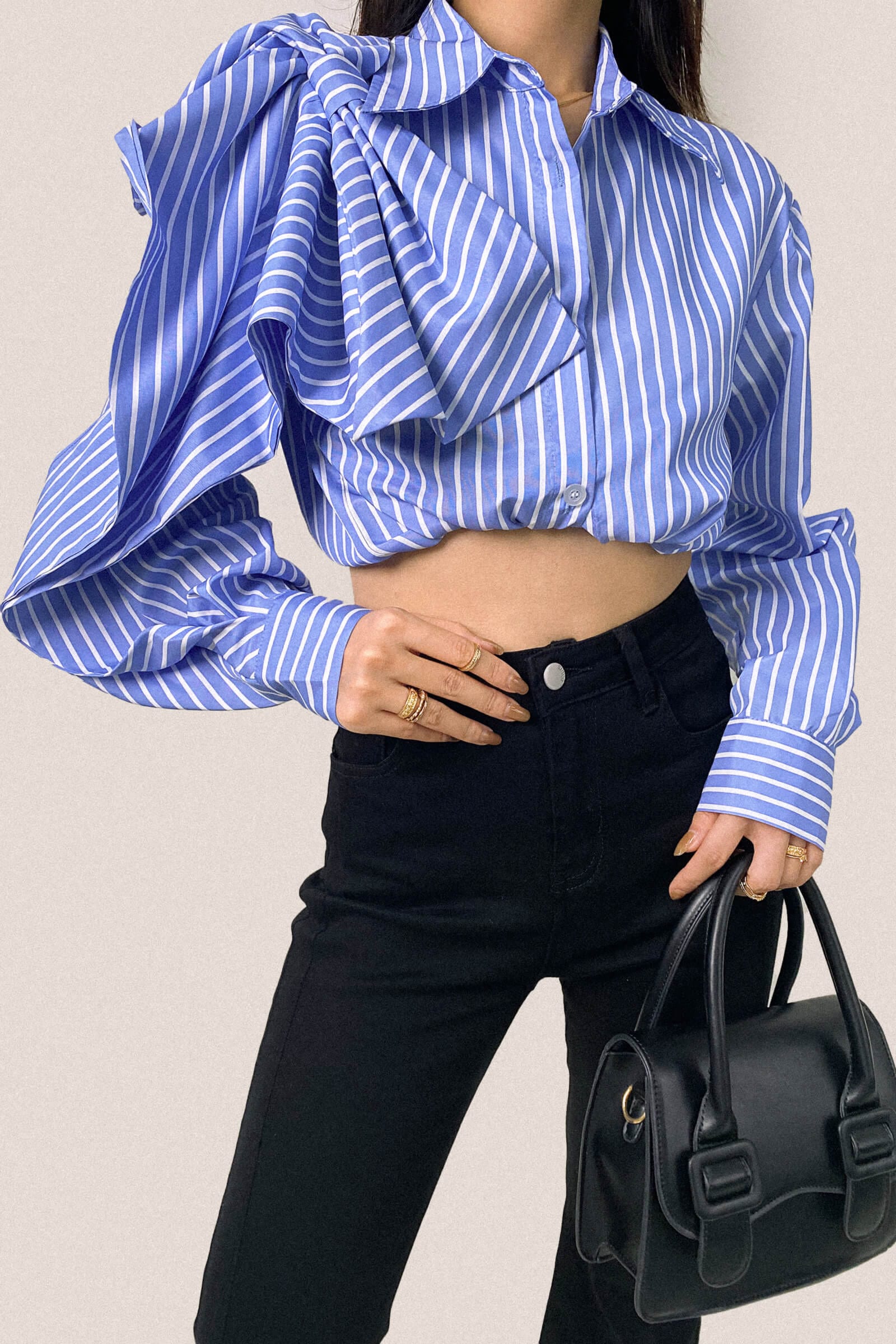 

Cornflower Blue Striped Bow Detail Long Sleeve Button-Up Shirt