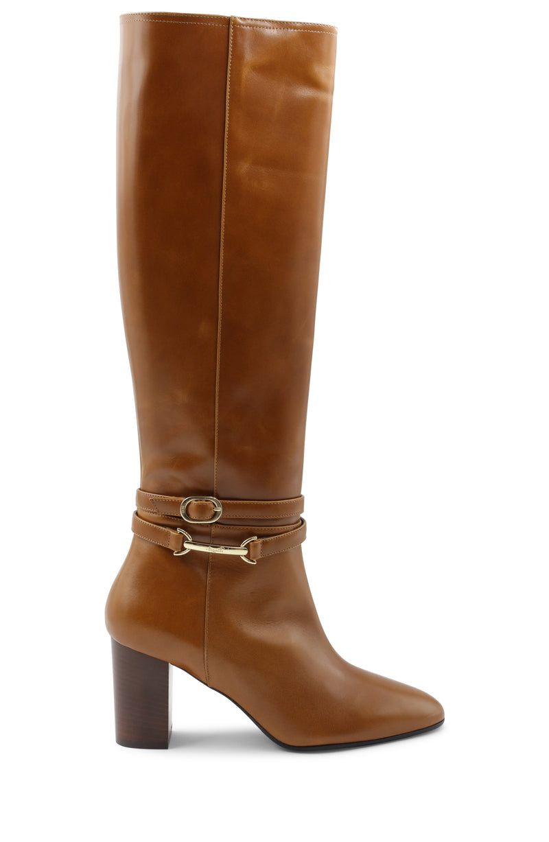 Adriana Knee High Block Heel Leather Boot - Cognac – Bruno Magli