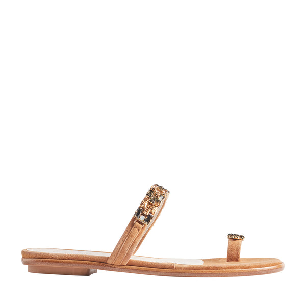 Freya Suede & Crystal Flat Sandals - Tan