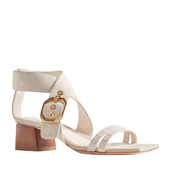 Glenda Heeled Suede Sandal with Buckle - Ivory