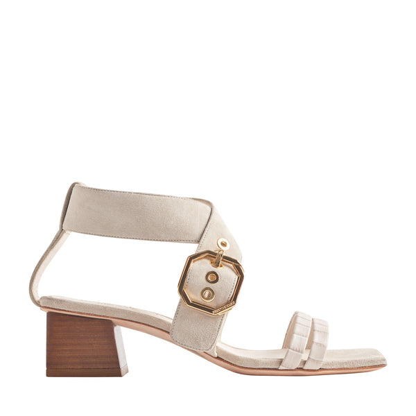 Glenda Heeled Suede Sandal with Buckle - Ivory