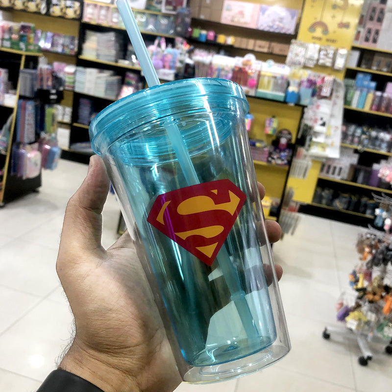 Superhero's Transparent Straw Double Layer Plastic Glass