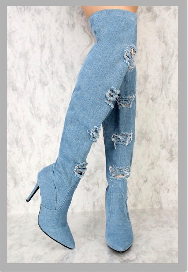 light blue thigh high boots