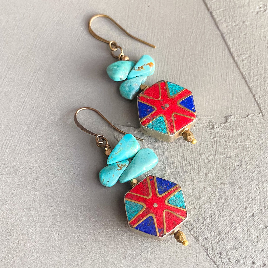 Turquoise Inlaid Hex Earrings
