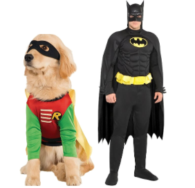 A man and his dog dressed as Batman and Robin