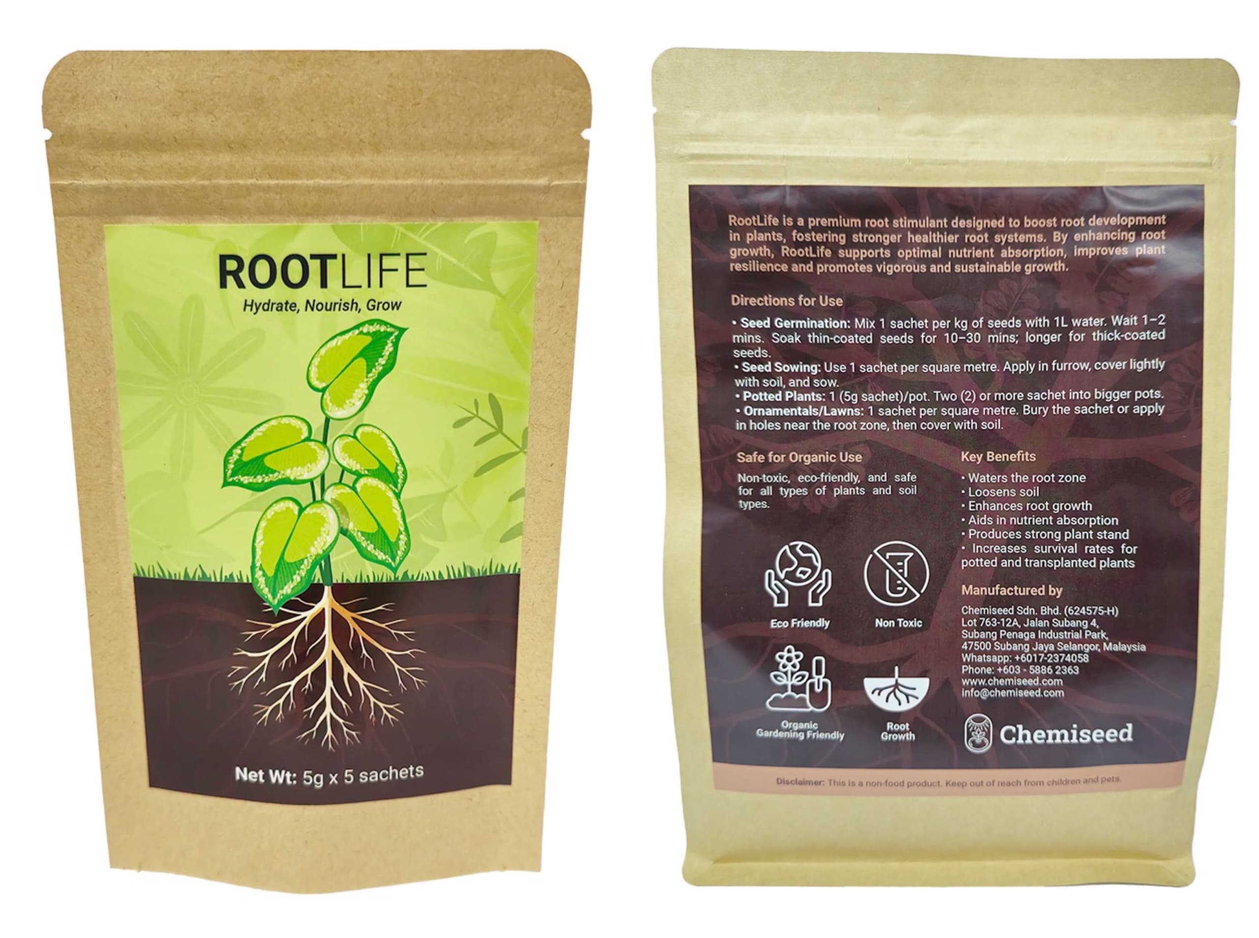 RootLife 有机生物刺激素产品包装,显示正面和背面标签
