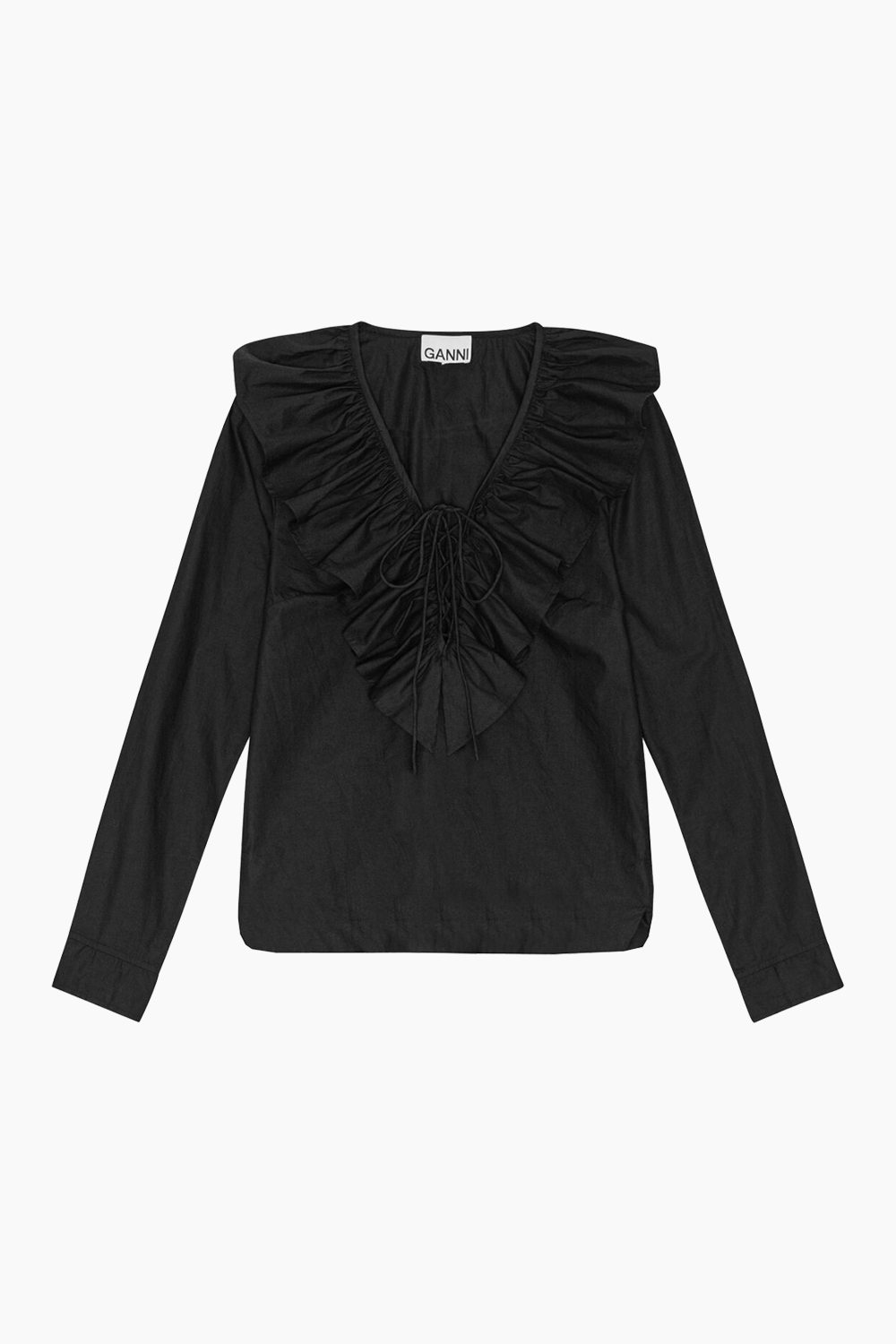 Billede af Cotton Poplin Ruffle V-neck Blouse F9059 - Black - GANNI - Sort XS