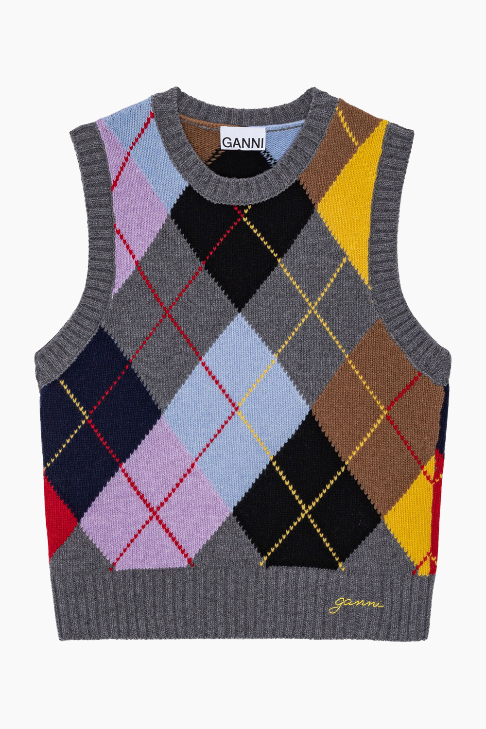 Billede af Harlequin Wool Mix Knit Vest K2101 - Frost Grey - GANNI - Tern L