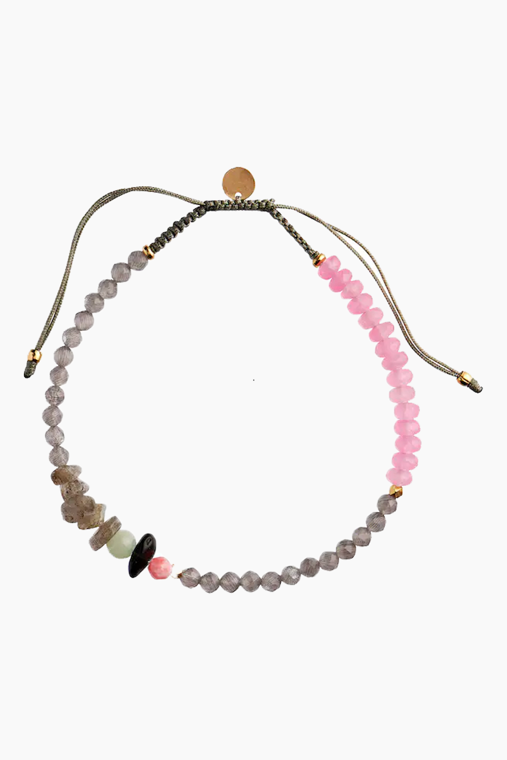 Harmony Bracelet With Calm Grey & Pink Gemstones and Khakigrey Ribbon - Stine A - Multi One Size