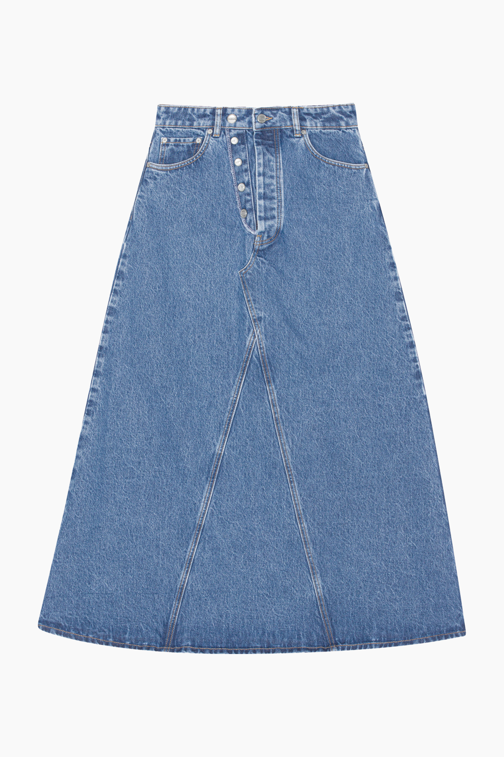 Se Overdyed Cutline Denim Double Fly Maxi Skirt J1356 - Mid Blue Stone - GANNI - Blå XS hos QNTS.dk