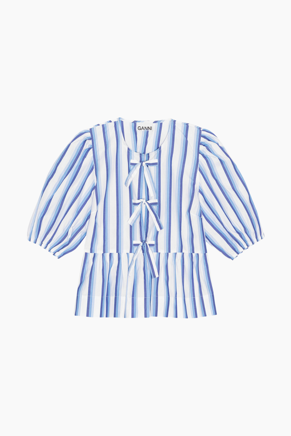 Se Stripe Cotton Peplum Puff Sleeve Blouse F9184 - Silver Lake Blue - GANNI - Stribet L hos QNTS.dk