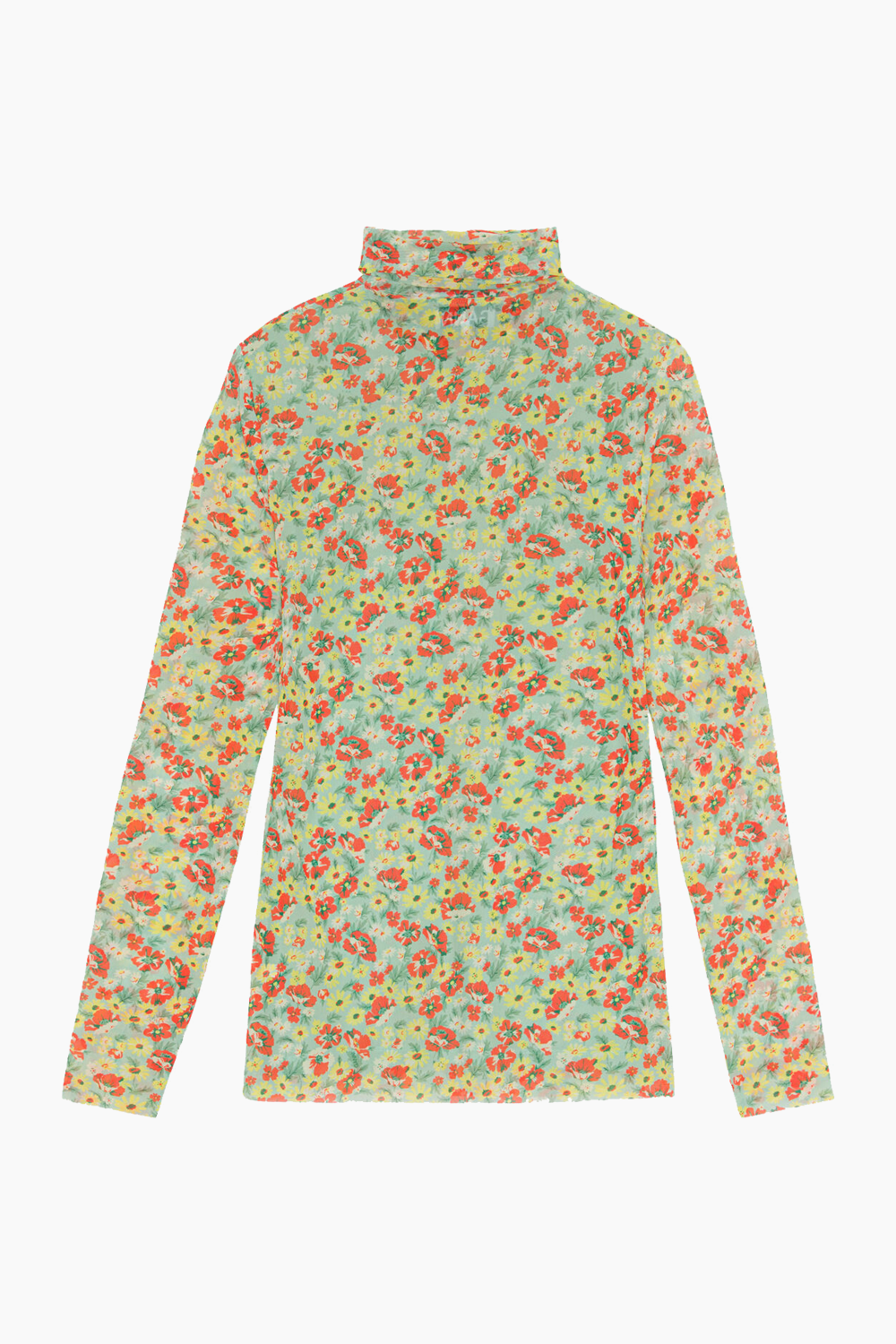 Billede af Printed Mesh Long Sleeve Fitted Rollneck - Meadow Celadon Green - GANNI - Grøn XS