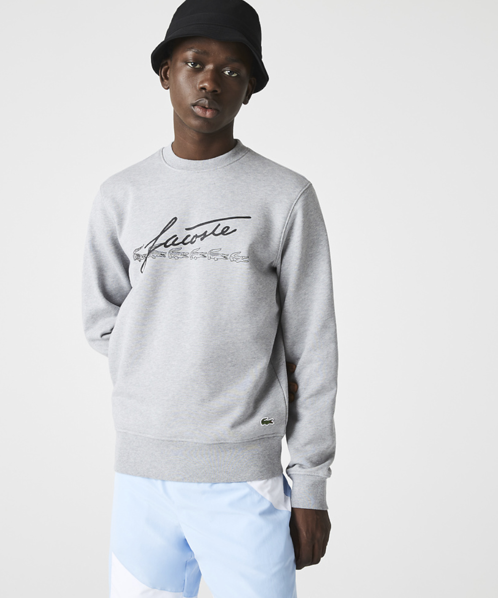 Official Lacoste Signature Print Crew Neck in Grey Chine at ShoeGrab