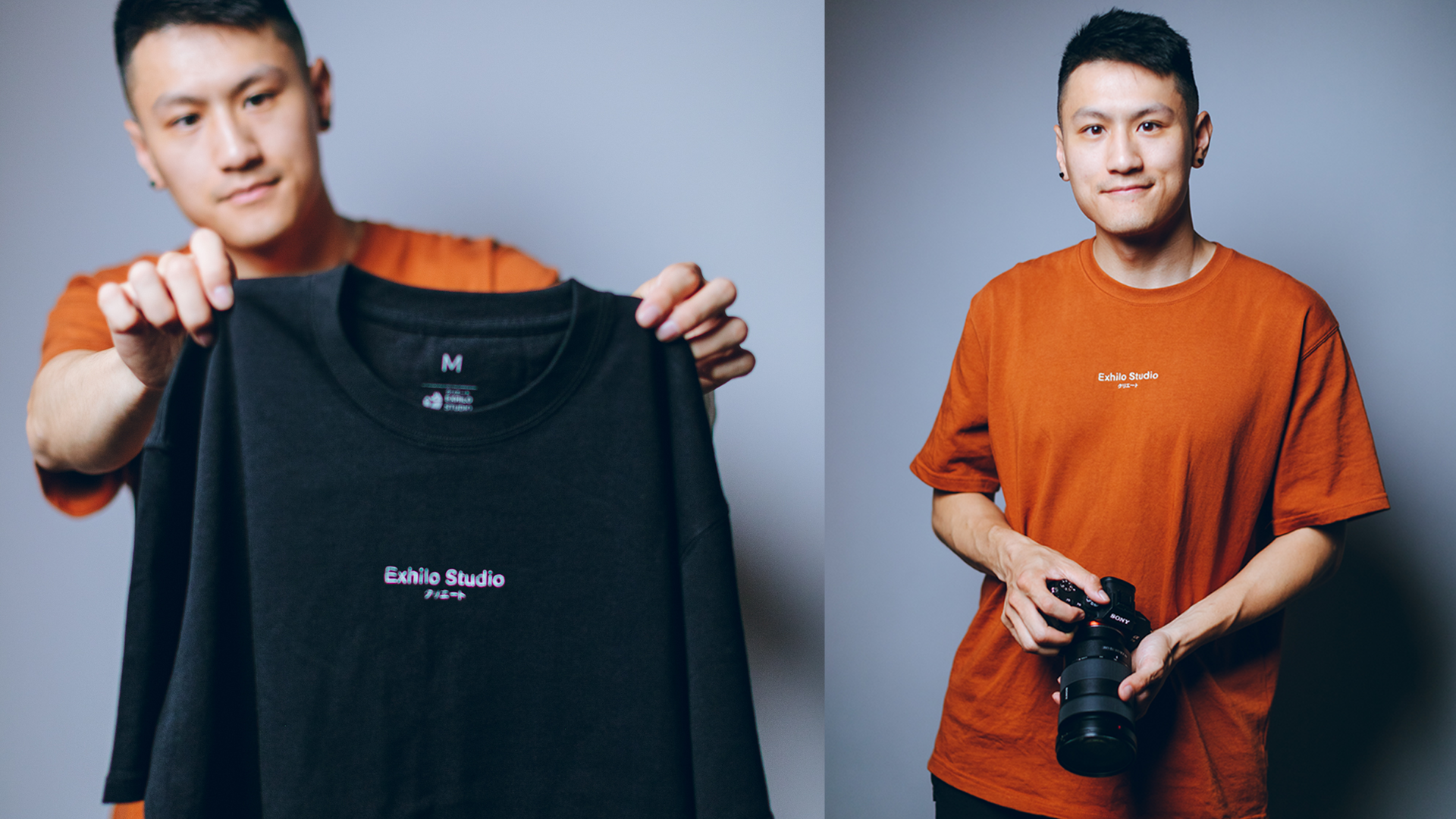 Image of Curtis, founder of Exhilo holding shirt and camera