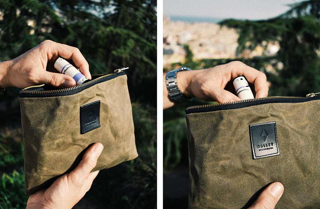 Halley Waxed Canvas Pouch Olive Green with photography products in Barcelona
