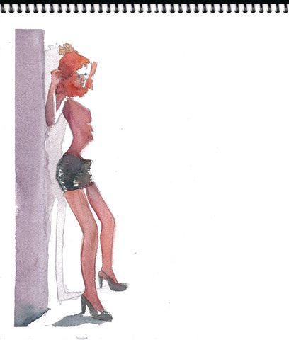 Watercolor of girl against wall