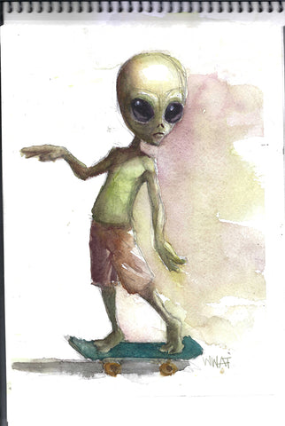 Watercolor of alien skateboarding