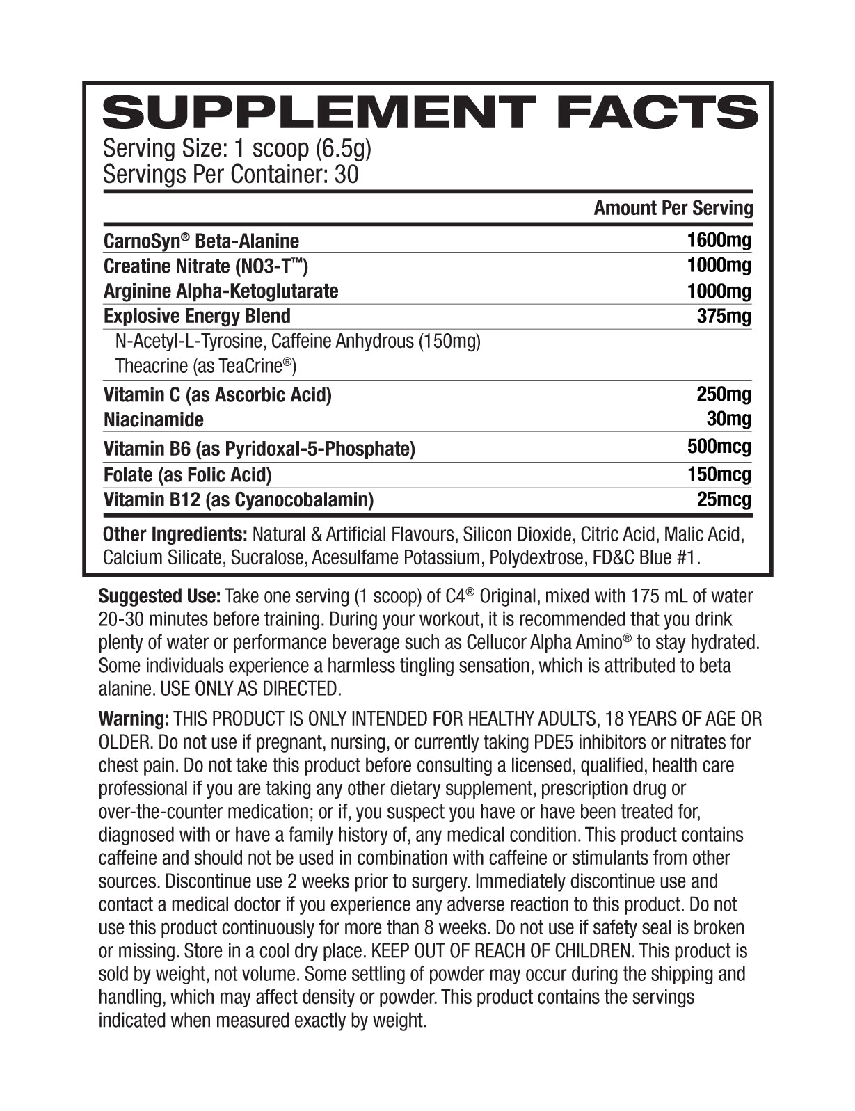 cellucor c4 original nutrition panel