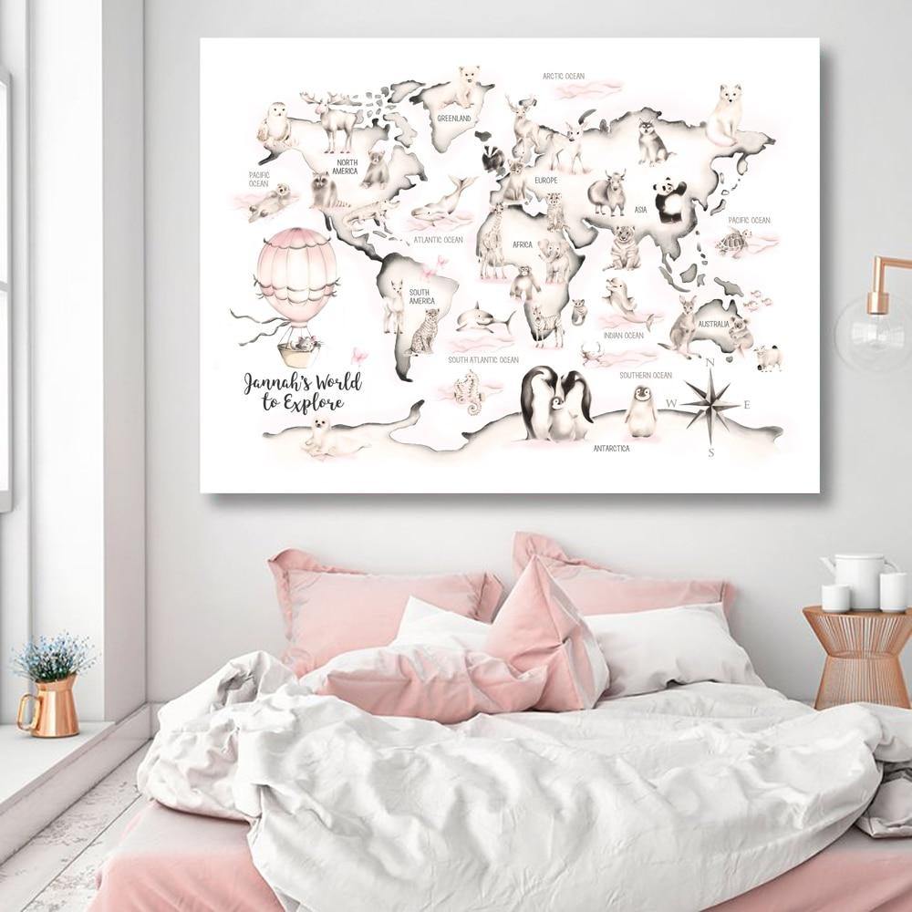 Woodland Animal World Map Poster Art Prints Nursery Decor Watercolour Map Custom Name Canvas Painting For Kids Room Wall Art Gallery Wallrus Free Worldwide Shipping
