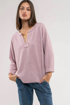 3/4 Fold Sleeve Rough Hem Knit Top- Mauve