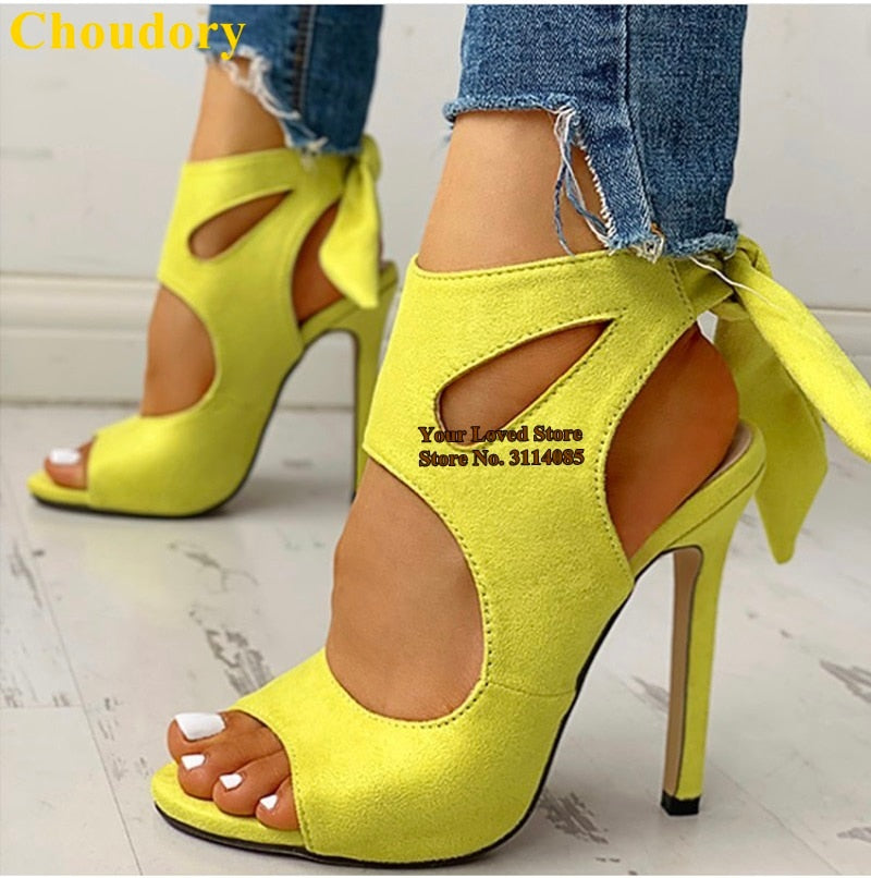 yellow tie up heels