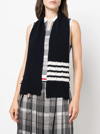 THOM BROWNE Cable Pointelle Scarf In Hairy Silk/Cashmere/Wool Blend W/ 4 Bar Stripe