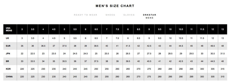 rick owens men's size chart