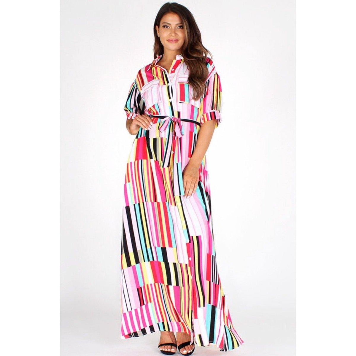 Pink Multicolor Striped Maxi Dress | Jannah's Collection