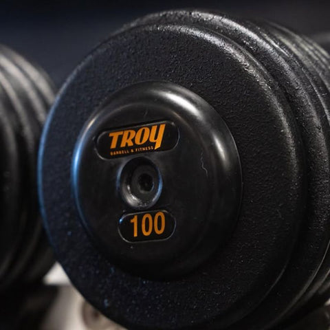 TROY PFDC-R Black Pro Style Dumbbell Set Rubber Endcaps Endcap and Logo Details 100 lb dumbbells