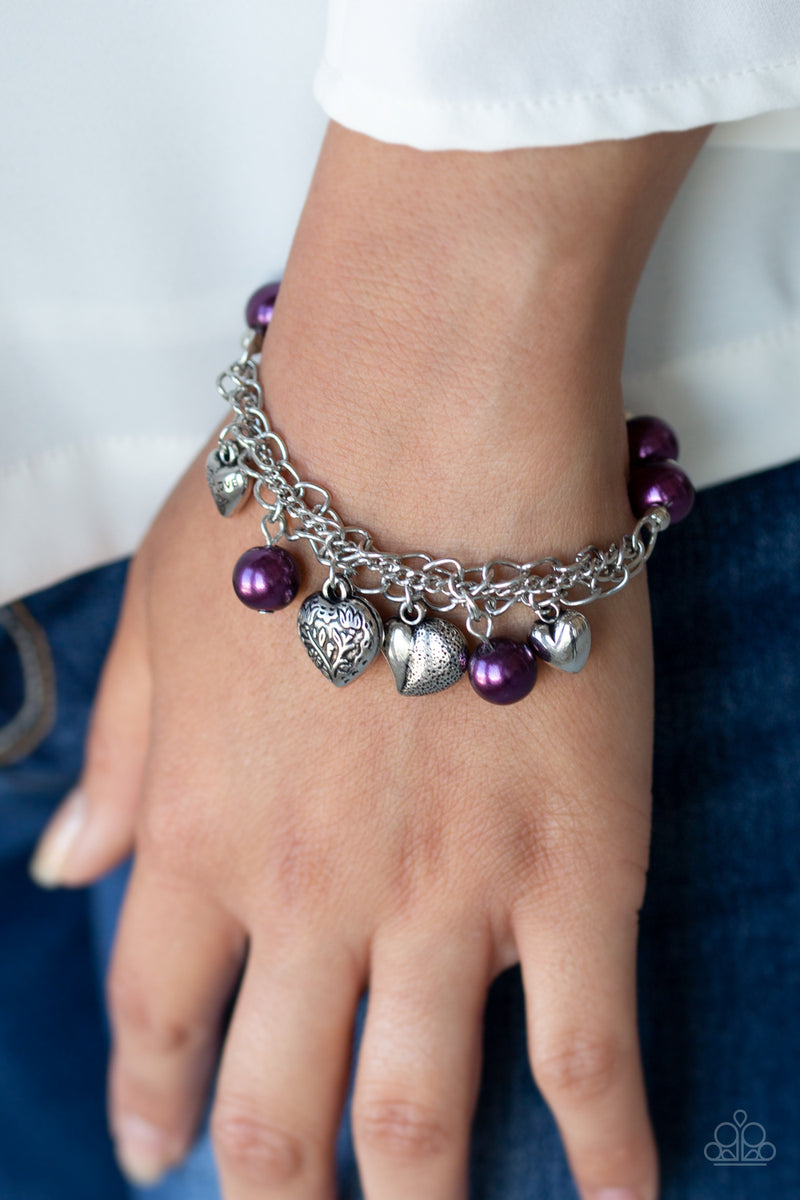 Paparazzi More Amour - Purple Pearls - Silver Heart Charms - Bracelet