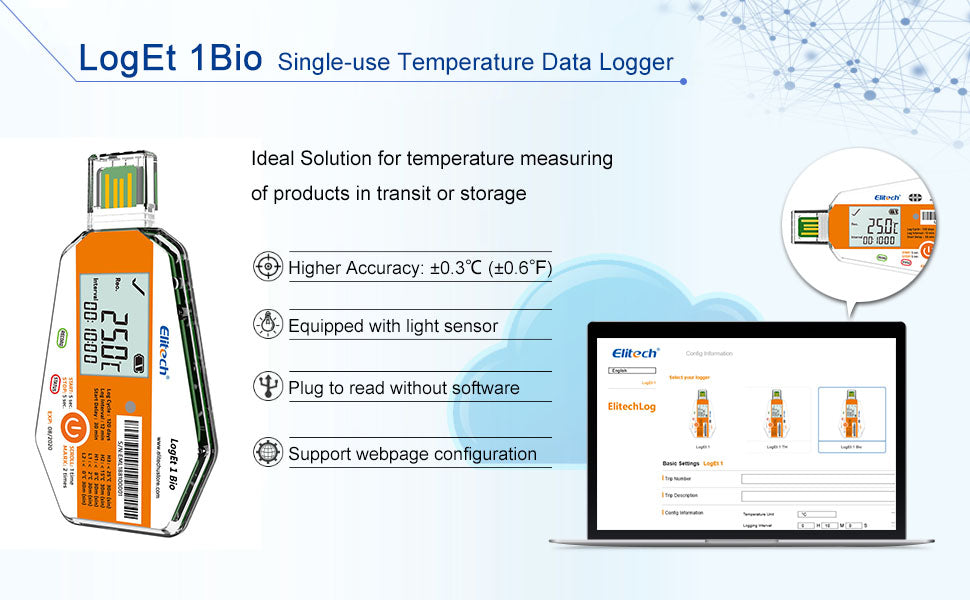 Elitech LogEt 1Bio Temperature Data Logger Single Use PDF Report USB Port 16000 Points